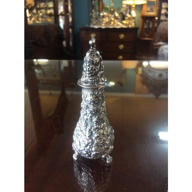 The Stieff Co. Stieff Sterling Repousse Salt and Pepper Shakers, Rose Pattern Shakers, the Pair For Sale - Image 4 of 5