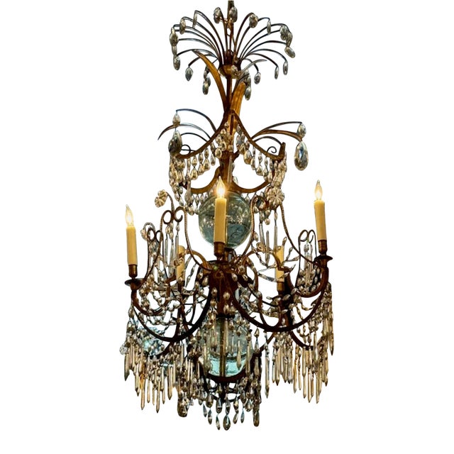 19th Century Gilt Brass and Crystal Swedish Chandelier For Sale