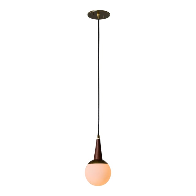 1950s Brass, Wood, and Opaline Glass Pendant Attributed to Stilnovo For Sale