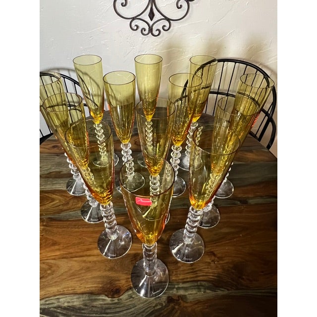 Amber 1990s Baccarat Véga Flutissimo Amber Crystal Champagne Flutes - Set of 13 For Sale - Image 8 of 9