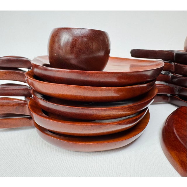 Wood Vintage Caribcraft Mahogany Apple Snack Plates and Cups, Set of 13 For Sale - Image 7 of 15