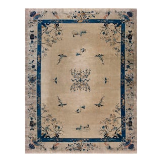 1920s Beige Floral Medallion Antique Chinese Peking Carpet 8'10" X 11'6" Handknotted Wool Rug For Sale