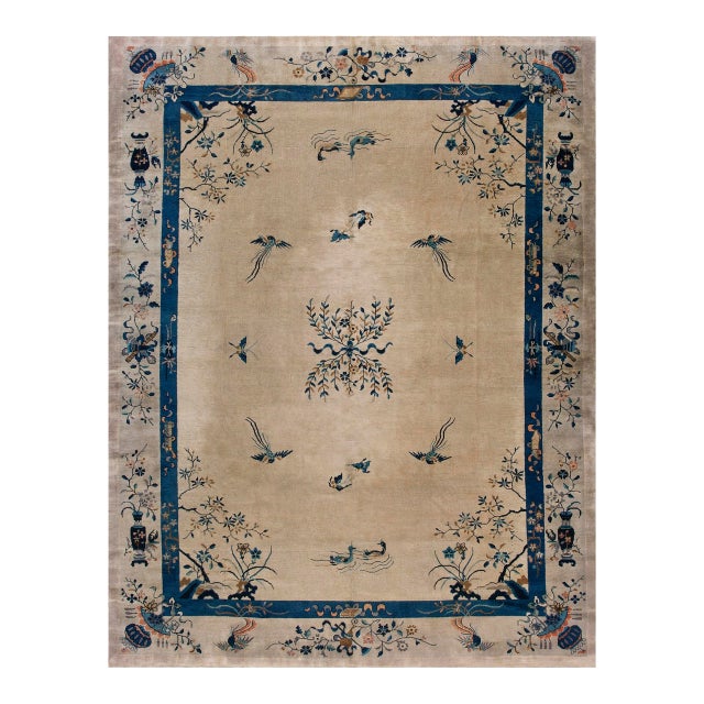 1920s Beige Floral Medallion Antique Chinese Peking Carpet 8'10" X 11'6" Handknotted Wool Rug For Sale