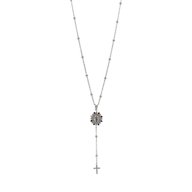 Metal Sapphire & Diamond Virgin Mary Cross Pendant Sterling Silver Chain Necklace For Sale - Image 7 of 10
