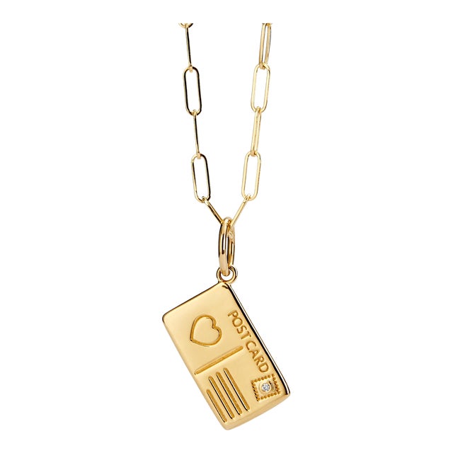 Syna Yellow Gold Post Card Charm Pendant with Diamond For Sale