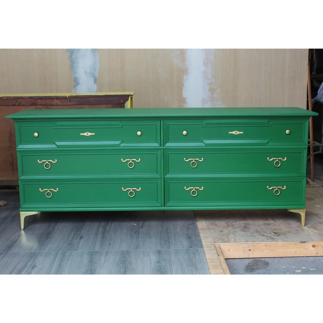 Mid-Century solid built walnut dresser of six drawer with dovetail joints This dresser is newly refinished in green with...