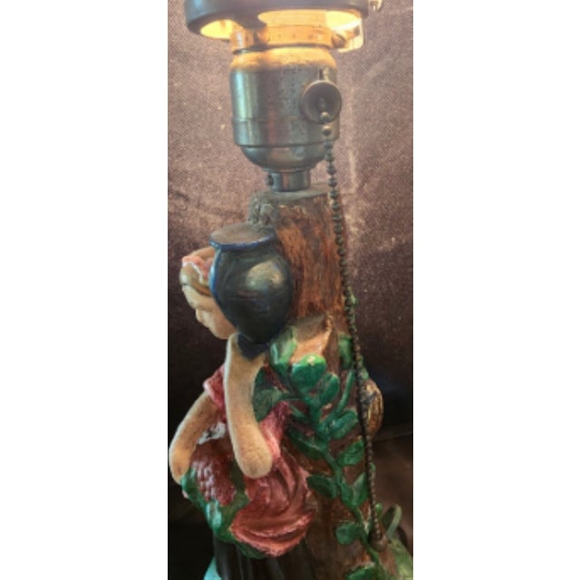 1930s American Chalkware Lamp of a Lady With Pot. Original Paint, Cord and Pull Chain For Sale - Image 9 of 10