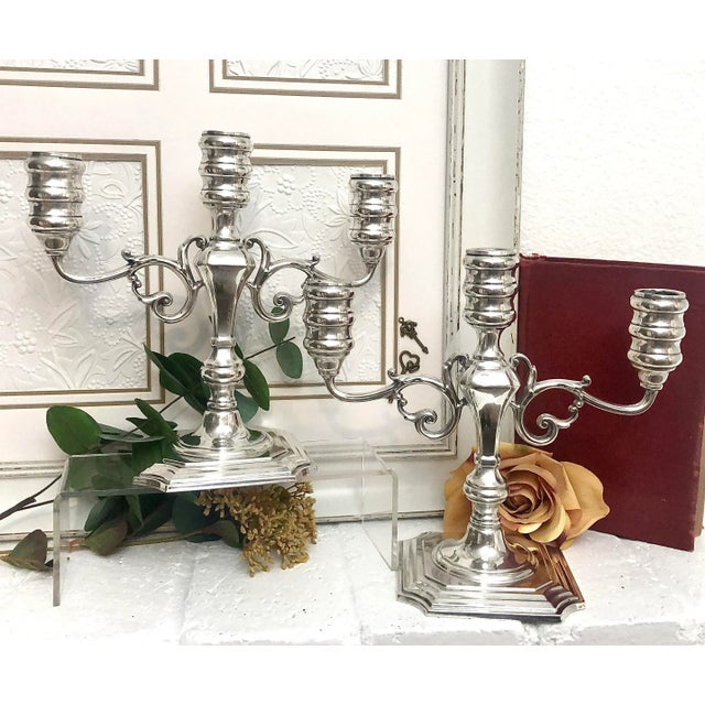 Mid 20th Century Vintage Sterling Silver Pilgrim Candelabras Monogramed "B" - a Pair For Sale - Image 5 of 10