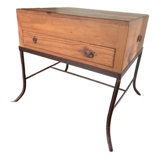 Vintage Mexican Rustic Pine Side Table Nightstand Wrought Iron Base Brutalist For Sale