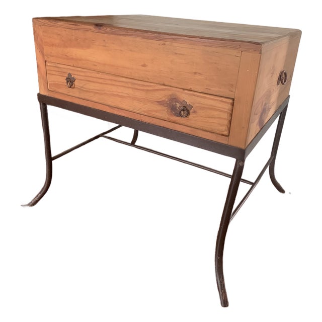 Vintage Mexican Rustic Pine Side Table Nightstand Wrought Iron Base Brutalist For Sale