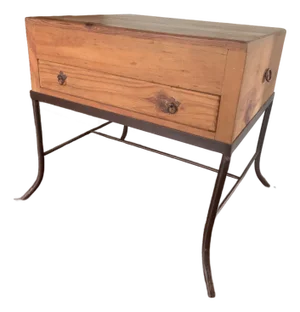 Vintage Mexican Rustic Pine Side Table Nightstand Wrought Iron Base Brutalist