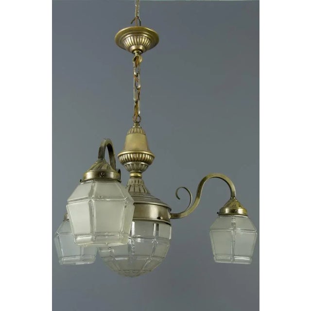 Art Deco French Brass & Frosted Glass 4-Light Chandelier, 1920s For Sale - Image 4 of 18
