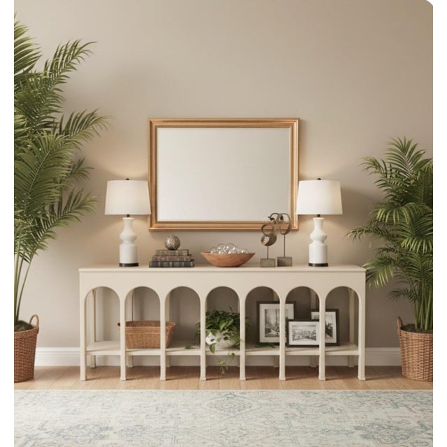 Vintage Extra Long Off White Solid Wood Open Arched Regency Style Console Table by Stanley For Sale - Image 13 of 14