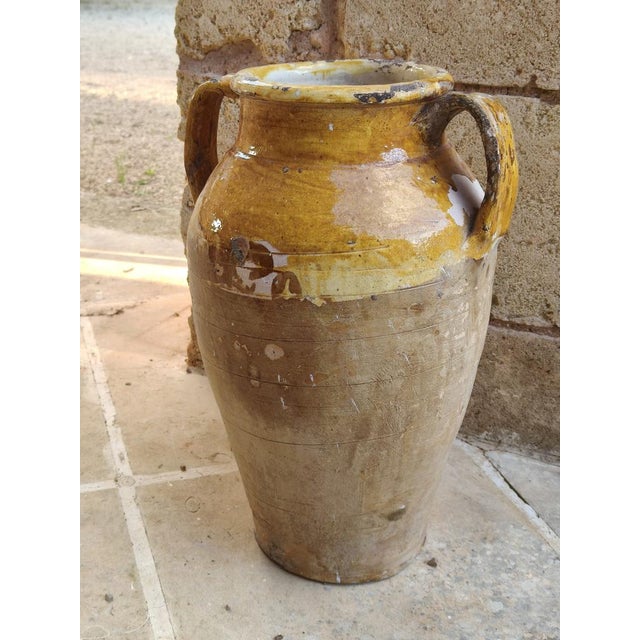 This two-handled terracotta amphora, handcrafted in Southern Italy, features a warm honey-yellow glaze on the upper...