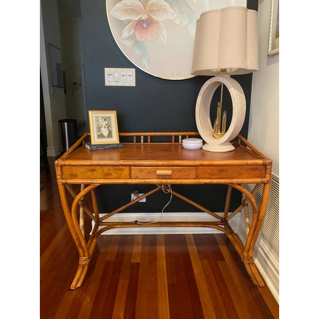 Boho Chic Vintage Bohemian Boho Chic Rattan Bamboo Writing Desk For Sale - Image 3 of 12