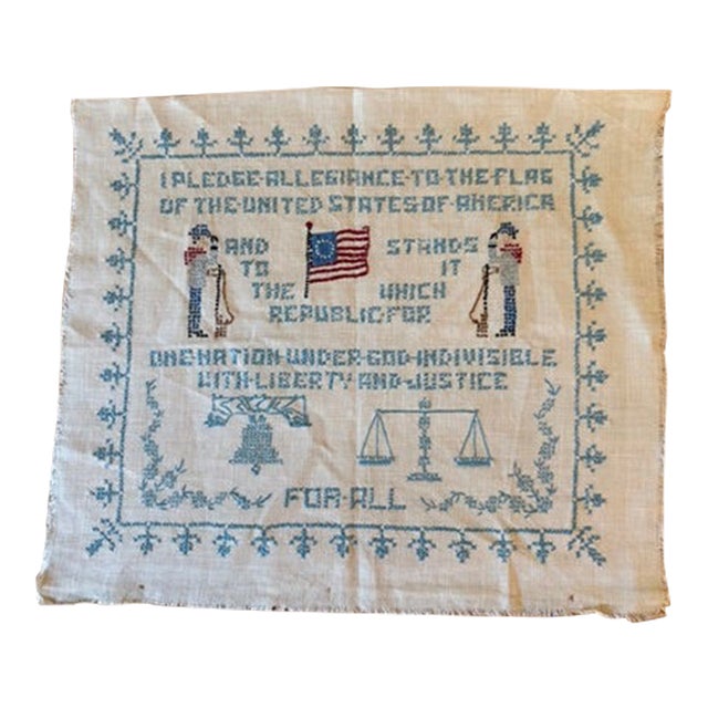 Vintage Pledge of Allegiance Linen Cross Stitch Sampler For Sale