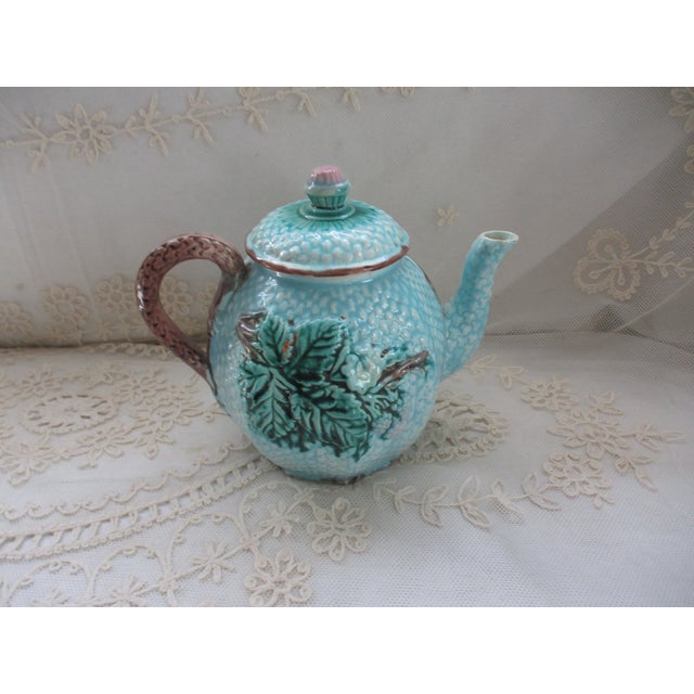 Antique England Majolica Basket Weave With Leaves Blue Teapot 7" Tall For Sale - Image 4 of 11