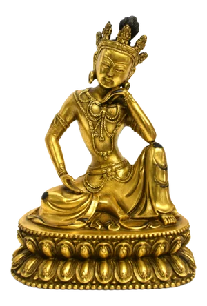 Early 20th Century Gilt Bronze Tibean Water Moon Guan Yin Avalokiteshvara Statue