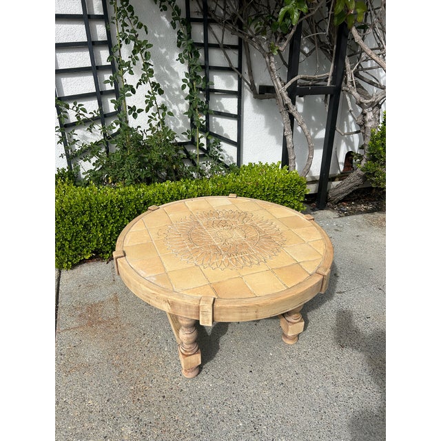 Vintage Round Carved Wood Coffee Table With Tiled Inlay Top For Sale - Image 4 of 16