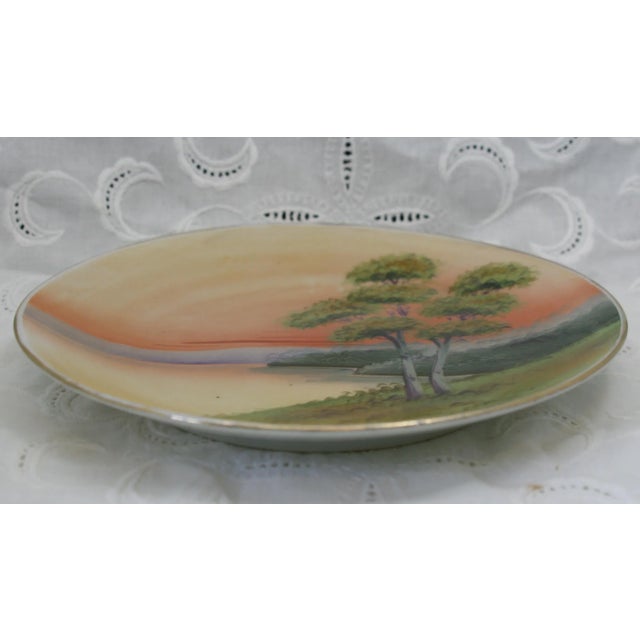 Antique Asian Nippon Round Porcelain 8" Plate Hand Painted Sunset Lake Scene For Sale - Image 4 of 8