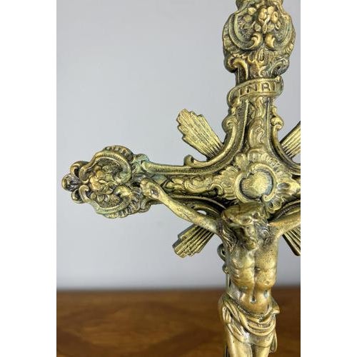 Metal Vintage French Brass Religious Ornate Altar Cross For Sale - Image 7 of 13