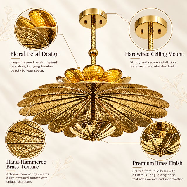 Handmade Brass Flower Ceiling Light, Floral Semi Flush Mount, Hammered Brass Chandelier, Vintage Lotus Ceiling Fixture, Art Deco Lighting For Sale - Image 10 of 18