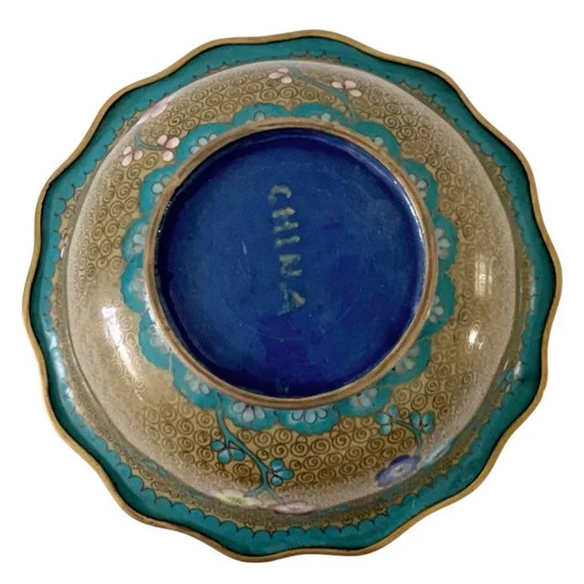 Metal Vintage Chinoiserie Cloisonné Bowl Dish With Scalloped Edge, China For Sale - Image 7 of 8