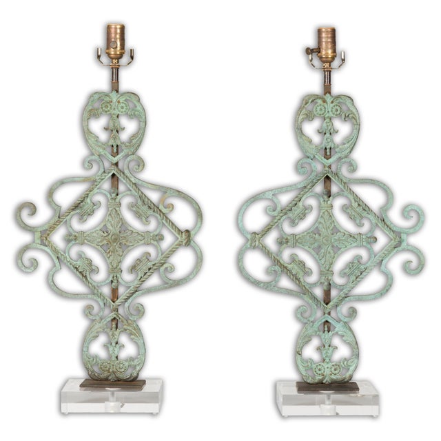 Mid 20th Century Italian Bronze Midcentury Table Lamps with Scrolling Motifs, on Lucite Bases For Sale - Image 5 of 12