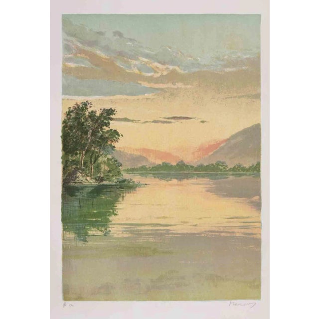 Mario Sportelli, Sunrise on the Lake, Original Lithograph, 1970s For Sale