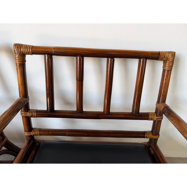 Wood Vintage Rattan Bamboo Lounge Chairs With Cushions – A Pair For Sale - Image 7 of 18