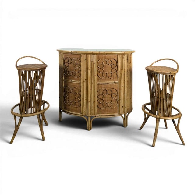 Bamboo and Rattan Counter and Stools Set, Set of 3 For Sale - Image 11 of 11