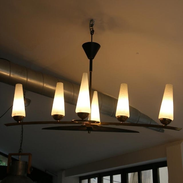 Art Deco Opaline and Brass Chandelier, 1950s For Sale - Image 9 of 18