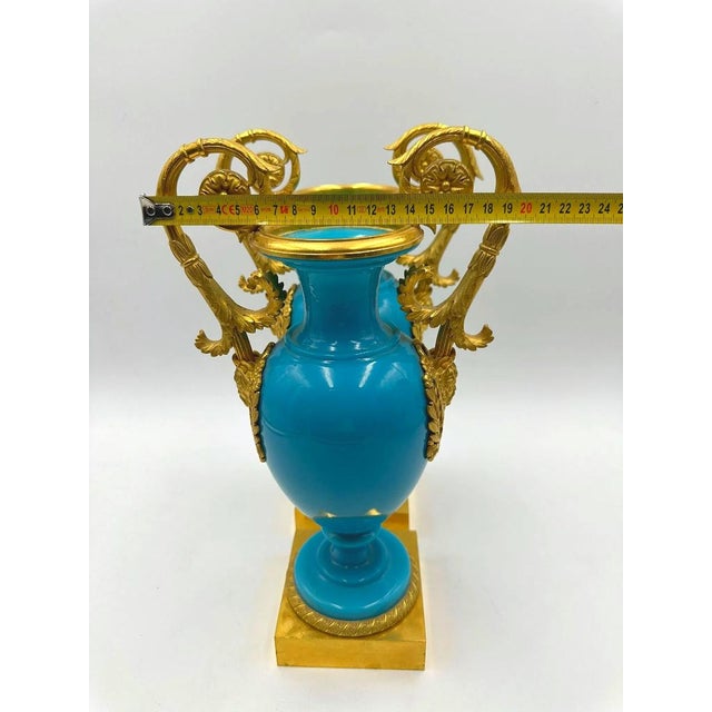 Blue Antique Charles X French Vases in Blue Opaline and Gilded Bronze, Set of 2 For Sale - Image 8 of 13