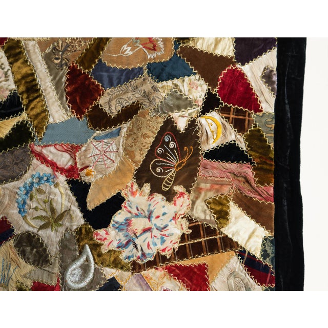 Antique Victorian Crazy Quilt, Hand Embroidered Silk and Velvet Patchwork Quilt, 19th Century For Sale - Image 4 of 18