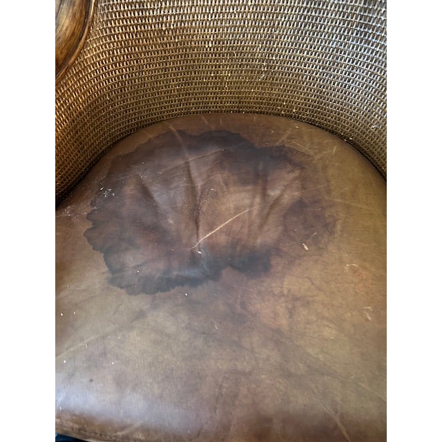 Ethan Allen Leather-Cushioned Woven Rattan Bar Stools For Sale - Image 10 of 14