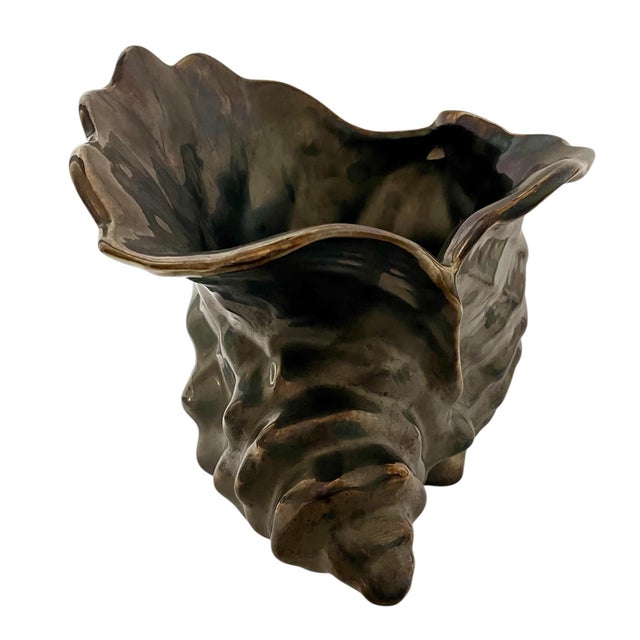 Late 20th Century Vintage Destinos s.a. Portugal Bronze Ceramic Conch Shell Planter Pot Vase For Sale - Image 5 of 7