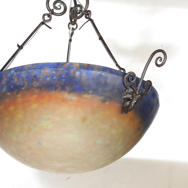 Art Deco Pâte De Verre Blue & Smoked Honey Glass Chandelier W/ Leaf Form Fitting For Sale - Image 14 of 18