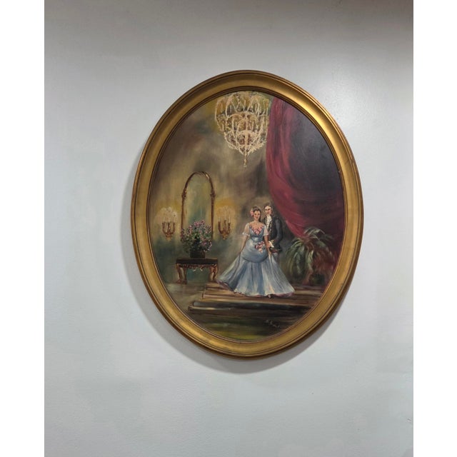 This oval vintage oil painting features a romantic Victorian parlor or ballroom scene with a couple in period attire,...