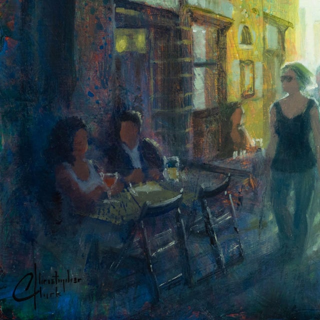 Contemporary Corridor Cafe by Christopher Clark | Oil and acrylic on wood panel depicting a cafe scene in an archway. For Sale - Image 3 of 4