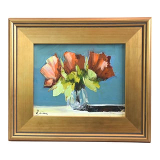 Colorful Red Bouquet of Flowers in Vase Oil Painting Including the Antiqued Gold Wood Frame For Sale