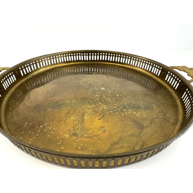 Rustic European Vintage Brass Gallery Tray With Pierced Rim and Ornate Handles For Sale - Image 3 of 8