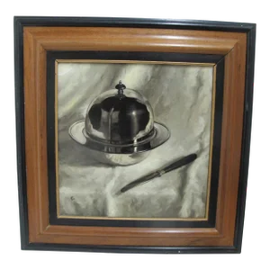 James Gillick Gothic Signed Framed Oil Painting Silver Dinnerware Still Life