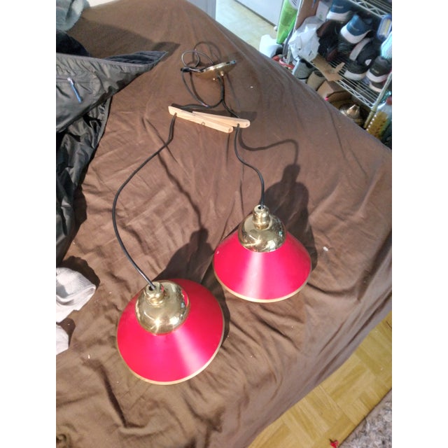 1980s Two Shade Brass and Steel Pendant Lamp For Sale - Image 9 of 10