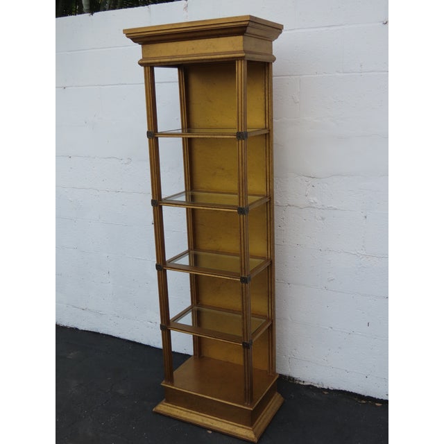 Hollywood Regency Tall Narrow Distressed Gold Display Shelf Cabinet 6661 For Sale - Image 9 of 15