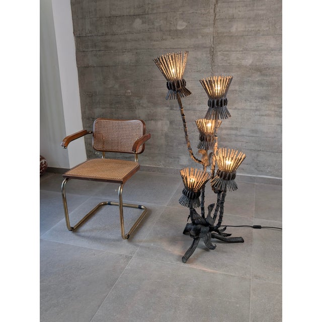 Brutalist Thistle-Shaped 5-Light Floor Lamp in Black Wrought Iron, 1970s For Sale - Image 6 of 16