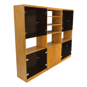 3 Bay Burl Walnut Smoked Glass Doors Cabinets Adjustable Shelves Wall Unit