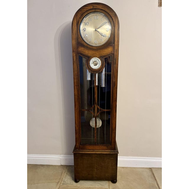 1930s Antique Oak Chiming Longcase Barometer Clock, 1930 For Sale - Image 5 of 9