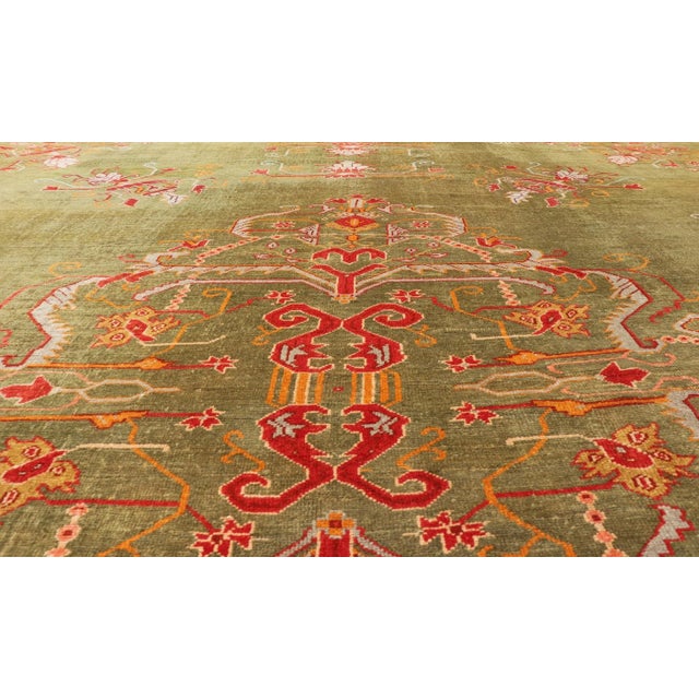 Textile Antique Turkish Oushak Rug in Green Field, Red, Orange & Rich Colorful Accent For Sale - Image 7 of 12