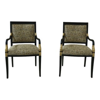 Ethan Allen Neoclassical Black & Gold Open Armchairs - a Pair For Sale