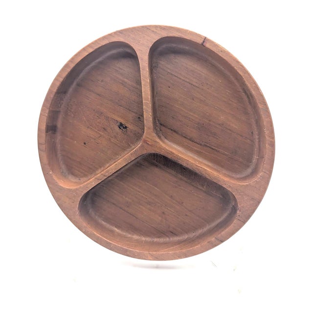 Offered is a Dolphin brand Teak wood round partitioned snack bowl made in Thailand in the mid 1970s. It resembles the...